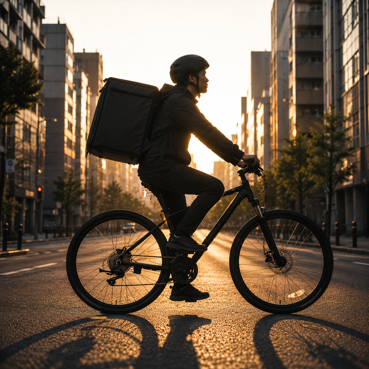 夕暮れの街を自転車で走る配達員
